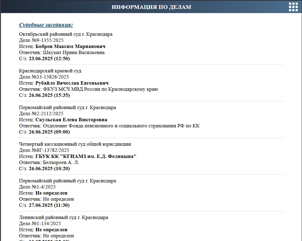 Информация по делам, заседания, сроки